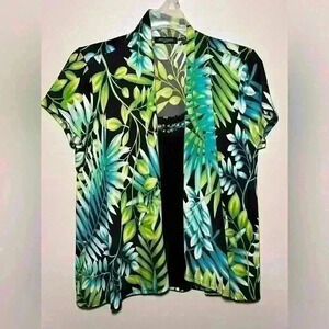 NOTATIONS~Black Blue Green Blouse Shirt With Black Tank Embellishment